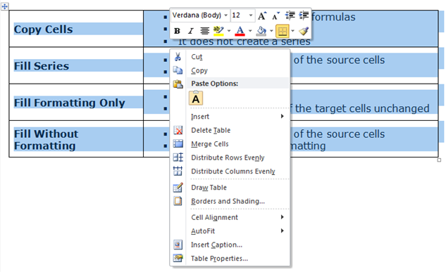 Right-click to view all table options