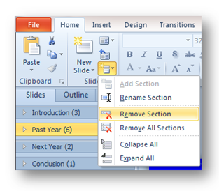 Remove a PowerPoint Section using the Home tab